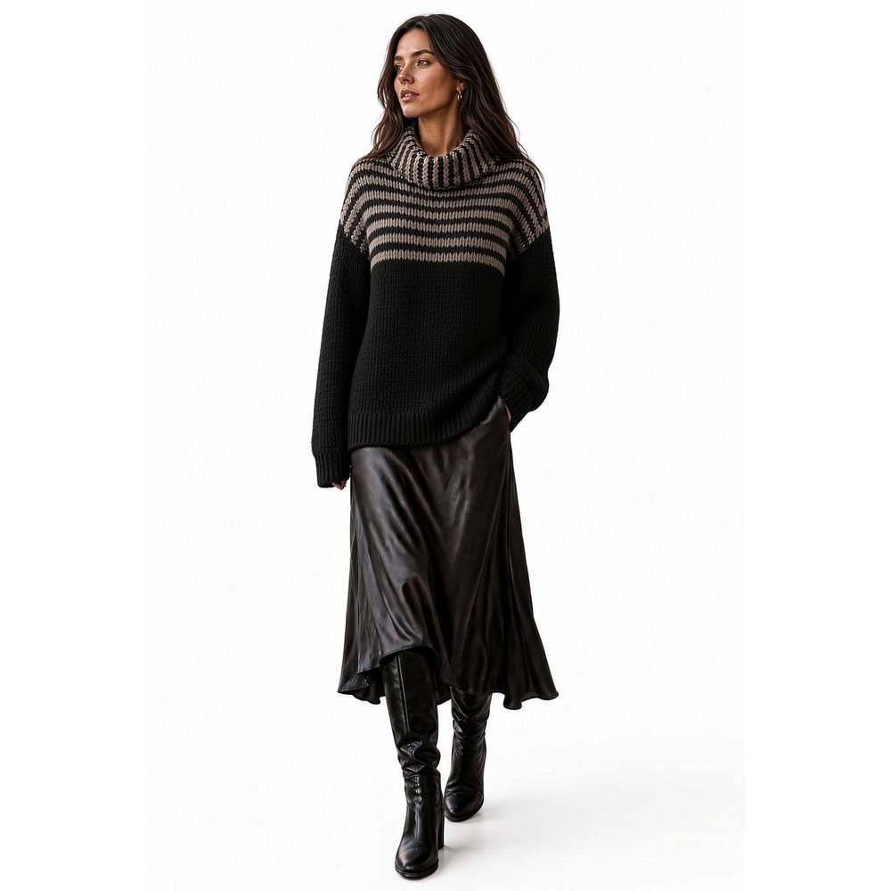 Free People Engineer Stripe Cowl Neck Sweater Black Ivory Wool Blend XS Boho